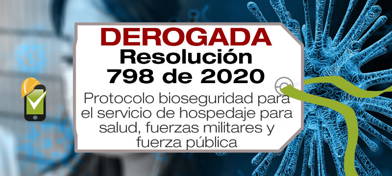 La Resolución 798 de 2020 adopta el protocolo de bioseguridad del hospedaje de personal de salud, fuerzas militares y fuerza pública.