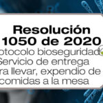 La Resolución 1050 de 2020 establece protocolos de bioseguridad de entrega para llevar, actividades de expendio a la mesa de comidas preparadas, expendio por autoservicio de comidas preparadas y otros servicios.