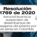 La Resolución 1769 de 2020 de la Aerocivil levanta la suspensión de desembarque de pasajeros del exterior por vía aérea en Colombia.