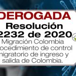 La Resolución 2232 de 2020 de Migración Colombia establece el protocolo aplicable al control migratorio de ingreso y salida de Colombia.