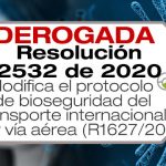 La Resolución 2532 de 2020 modifica los requisitos de bioseguridad para el transporte internacional de personas por vía aérea en Colombia.