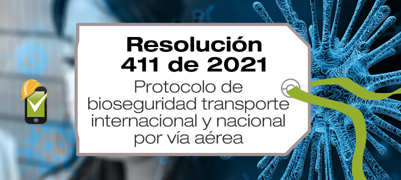 En la Resolución 411 de 2021 se unifican los protocolos de bioseguridad en el transporte nacional e internacional de personas por vía aérea.