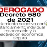 El Decreto 580 de 2021 reglamenta el aislamiento selectivo con distanciamiento individual responsable y la reactivación económica segura.