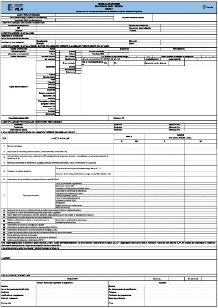 Anexo 2. Formatos para el dictamen de inspección para iluminación exterior o alumbrado público