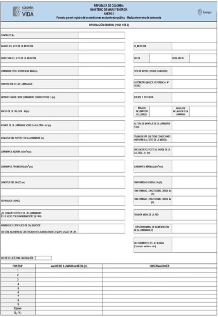 Anexo 3. Formatos para el registro de las mediciones en alumbrado público - hoja 1