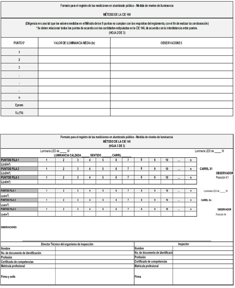 Anexo 3. Formatos para el registro de las mediciones en alumbrado público - hoja 2 y 3