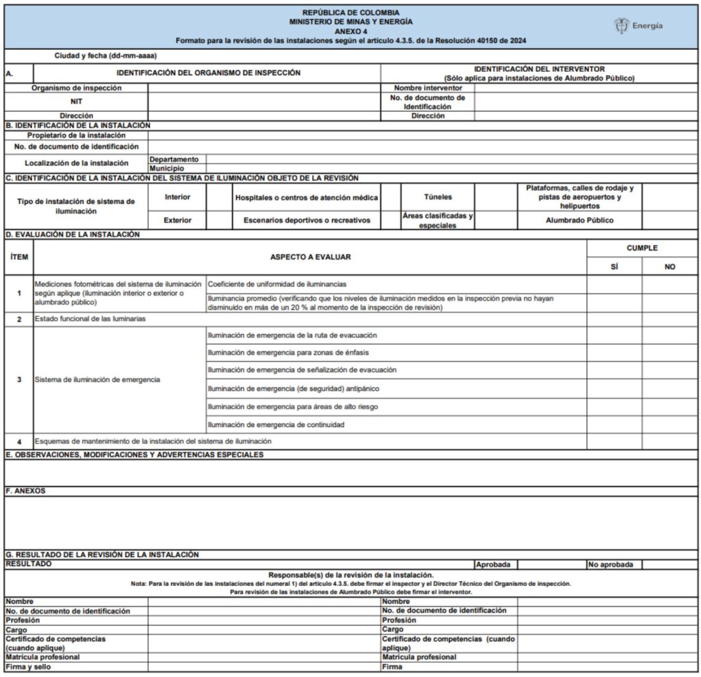 Anexo 4. Formato para la revisión de las instalaciones según el artículo 4.3.5. de la Resolución 40150 de 2024